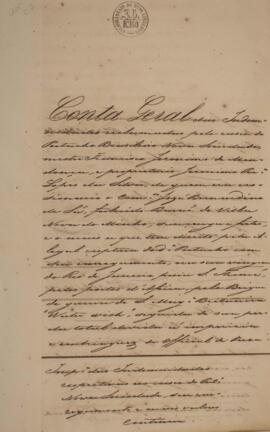 Relatório original assinado por Antonio de Souza Ribeiro, com data de 29 de fevereiro de 1860, com a conta das indenizações reclamadas da escuna Nova Sociedade após seu apresamento pelo brigue Water Wish.