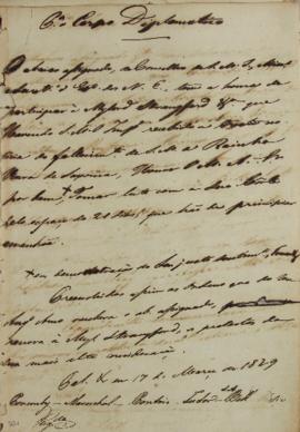 Circular enviada em 17 de março de 1829 para o corpo diplomático, honrando a participação de Perc...