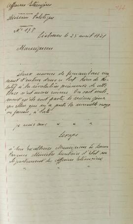 Despacho enviado por Lemps ao Barão de Pasquier em 25 de abril de 1821, comunicando que duas emba...