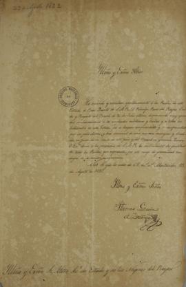 Oficio encaminhado por Tomás García de Zuñiga (1780-1843), em 23 de agosto de 1822, ao Príncipe R...