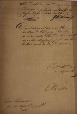 Requerimento original produzido pelo procurador José da Costa Rodrigues (s.d.) em nome de Antônio Manuel de Barros (s.d.), mestre da Sumaca portuguesa “Vencedora”, solicitando a entrega do mapa geográfico da costa do sul.