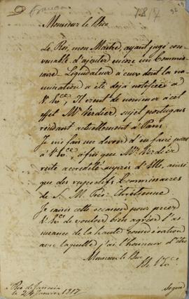 Minuta de 24 de janeiro de 1817 contendo correspondências nomeando comissários para a Corte da Fr...