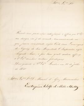 Ofício original enviado por Eustáquio Adolfo de Mello Mattos (1795-s.d), para D. Manuel de Assis ...