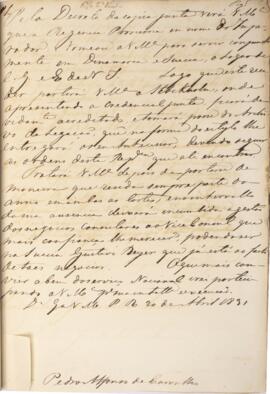 Despacho original enviado para Pedro Affonso de Carvalho, com data de 20 de abril de 1831, em nom...