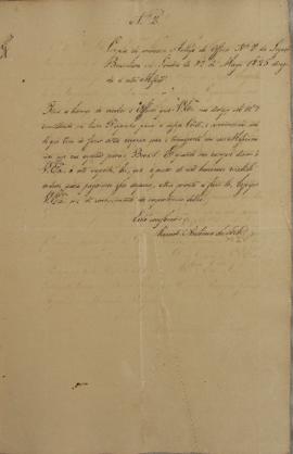 Cópia do primeiro artigo do oficio nº 7 da legação brasileira em Londres de 27 de maio de 1825, d...
