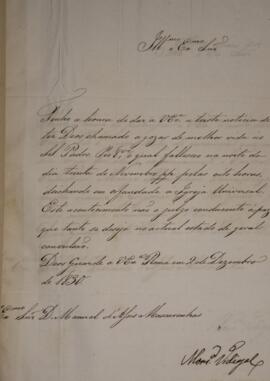 Ofício original enviado pelo Monsenhor Francisco Corrêa Vidigal (s.d-1838), para D. Manuel de Ass...
