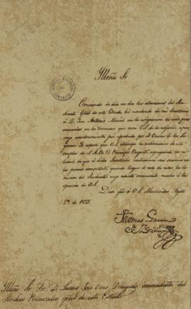 Oficio encaminhado por Tomás García de Zuñiga (1780-1843), em 29 de agosto de 1822, à Lucas Obes ...