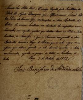 Despacho de José Bonifácio de Andrade (1763-1838) ao Príncipe Regente, sua alteza Real, enviada e...