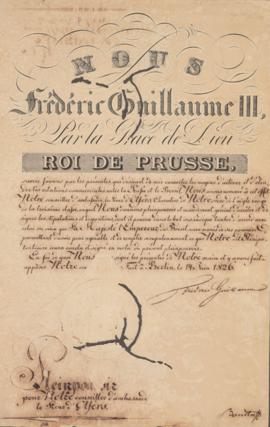 Carta de Plenos Poderes a Sieuz d’ Olfers. Contendo as assinaturas do Imperador da Prússia, Frede...